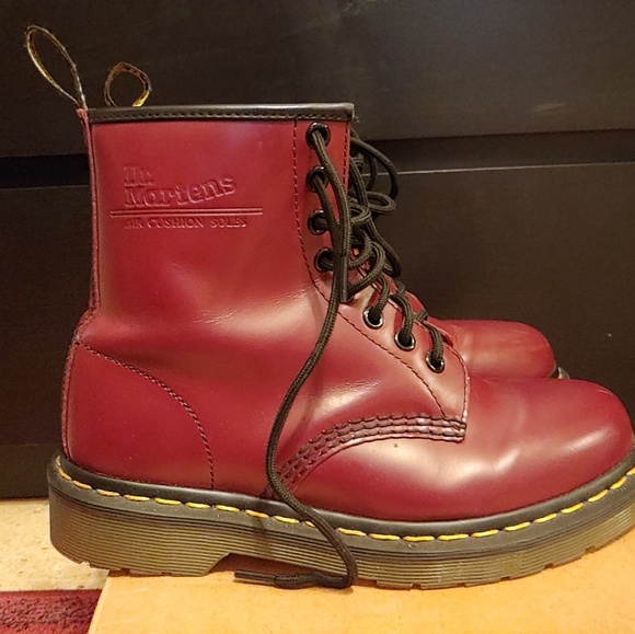 cherry red doc martens yellow laces